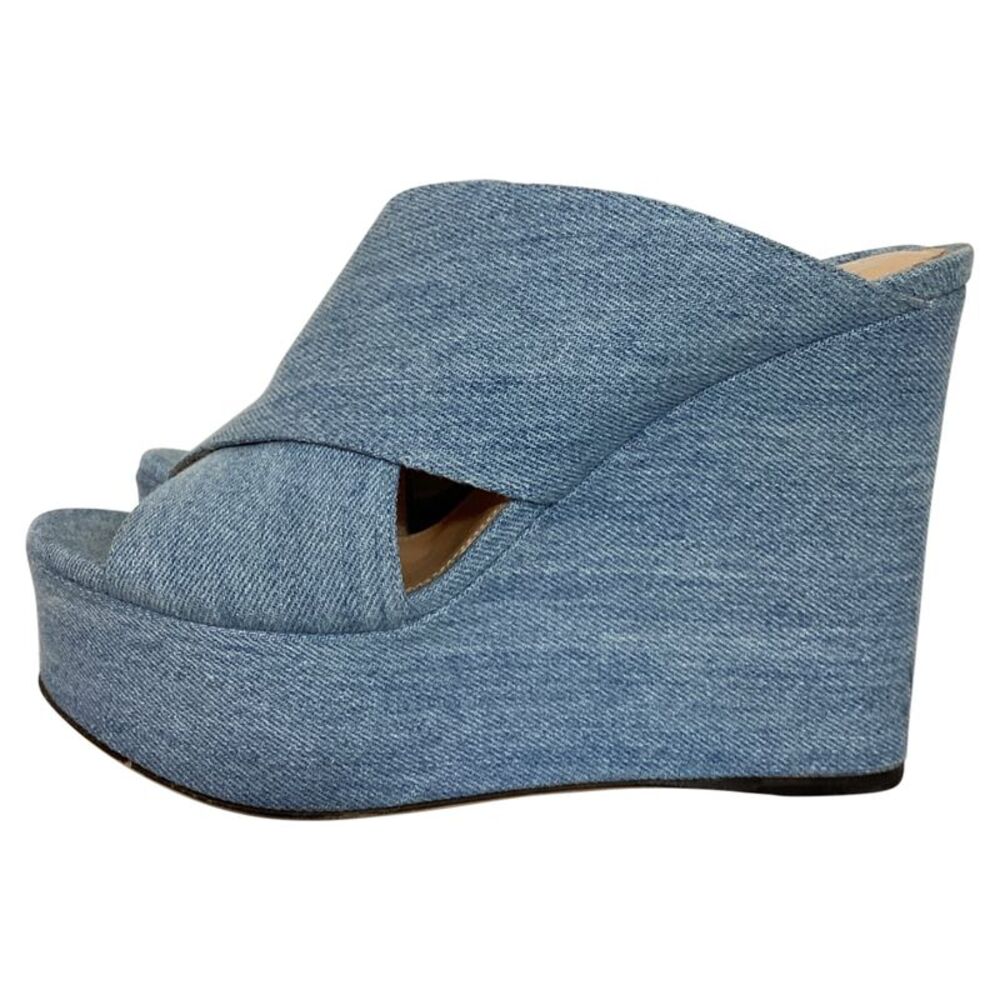Sergio Rossi Alma Slip-On Wedge Sandals in Blue Cotton Denim - Picture 4 of 10